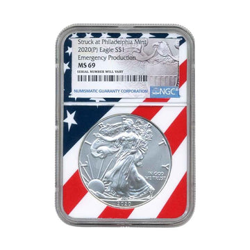 2020(P) Silver Eagle - Emergency Production Limited Flag Core - NGC MS69