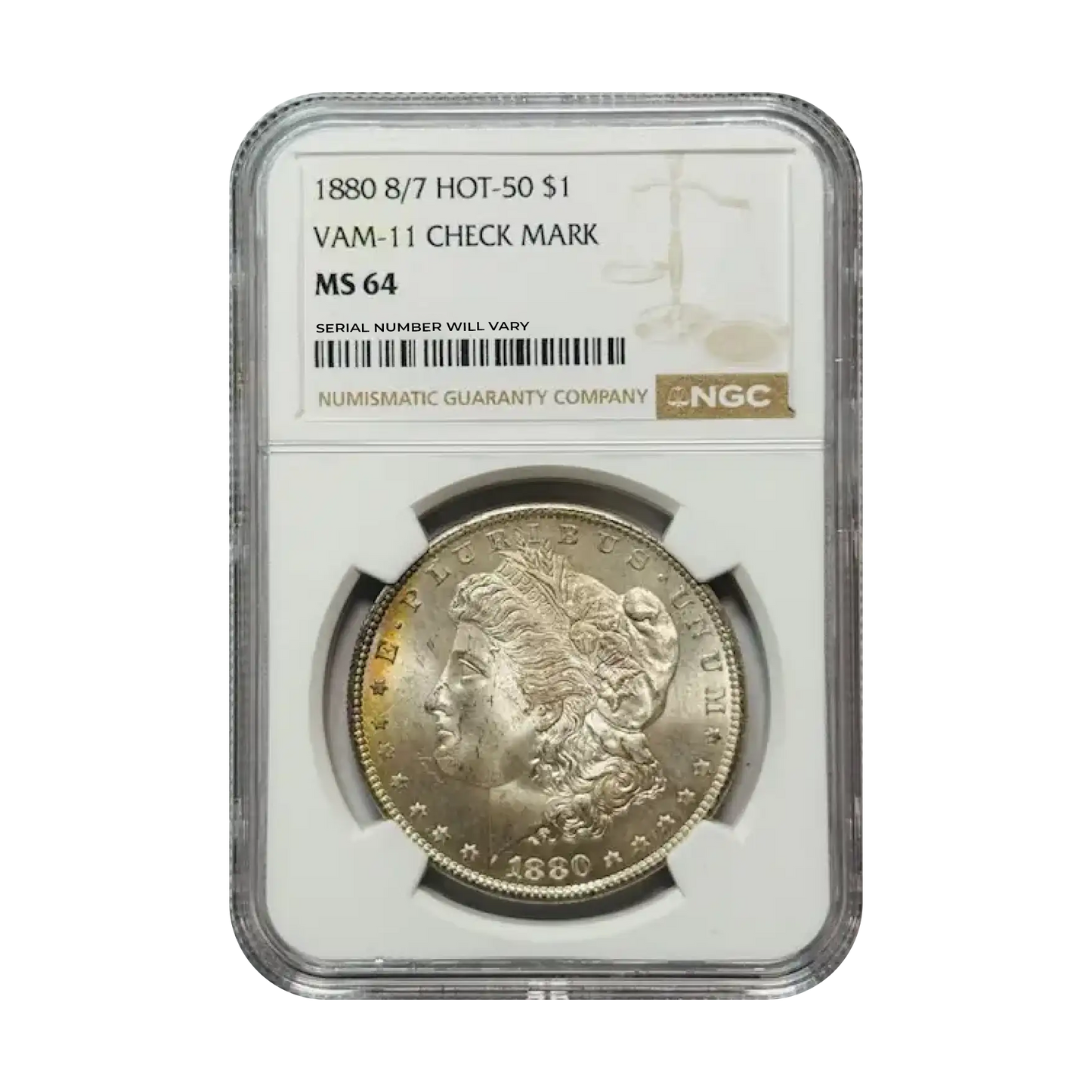 1880 Morgan Silver Dollar Philadelphia 8/7 VAM 11 Check Mark HOT 50 - NGC MS64