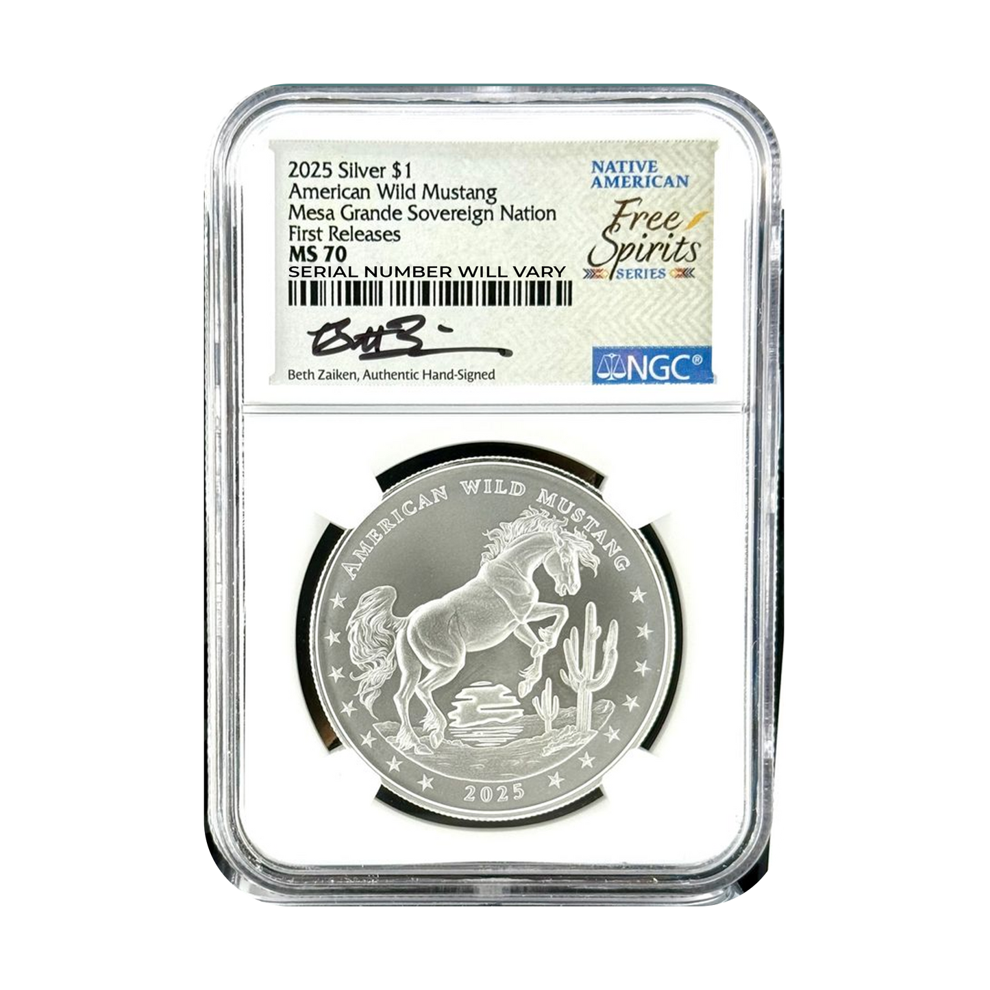 2025 American Wild Mustang Mesa Grande Sovereign Nation - NGC MS70 FR Beth Zaiken Signature - CoinsTV
