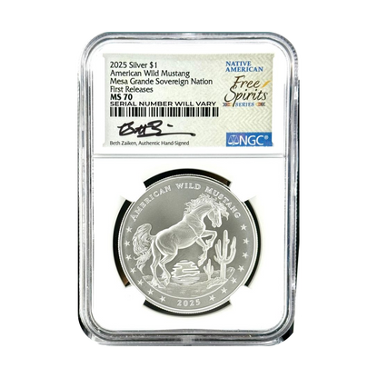 2025 American Wild Mustang Mesa Grande Sovereign Nation - NGC MS70 FR Beth Zaiken Signature - CoinsTV