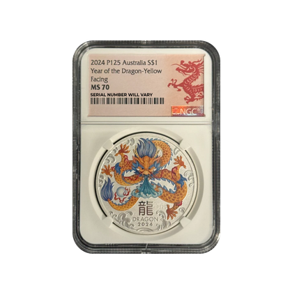 2024 Silver Lunar Year of the Dragon 1 oz Silver - Yellow Facing - NGC MS70 - CoinsTV