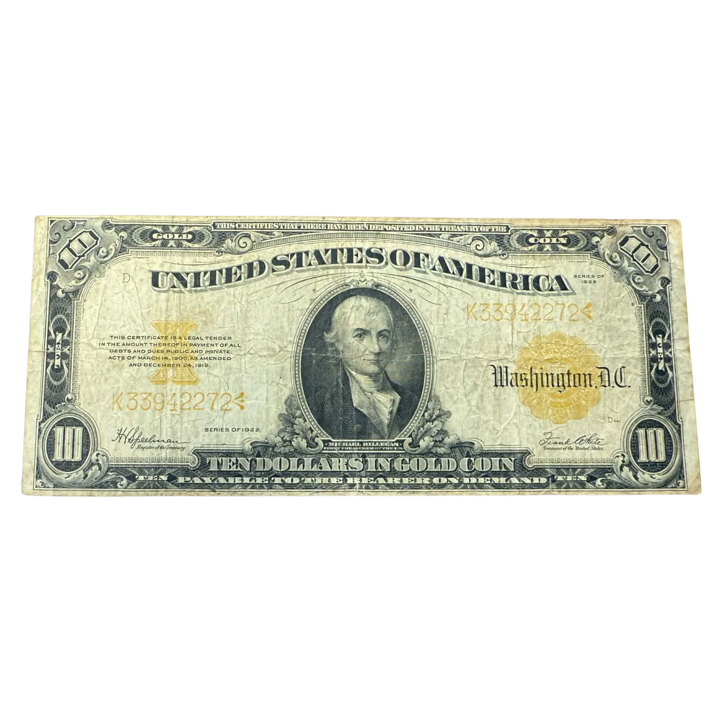 1922 $10 Gold Certificate Large U.S. Note VG-VF - CoinsTV