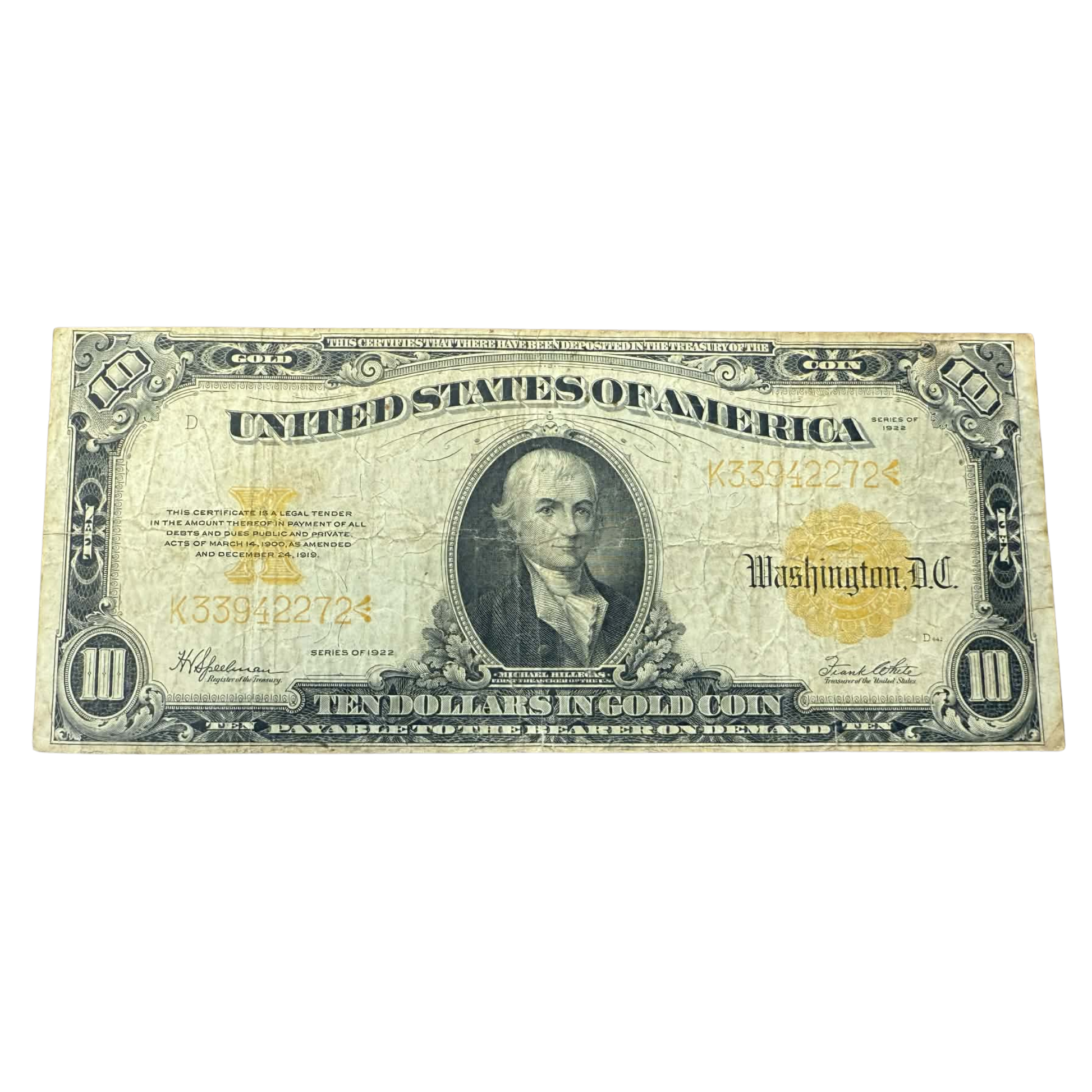 1922 $10 Gold Certificate Large U.S. Note VG-VF - CoinsTV