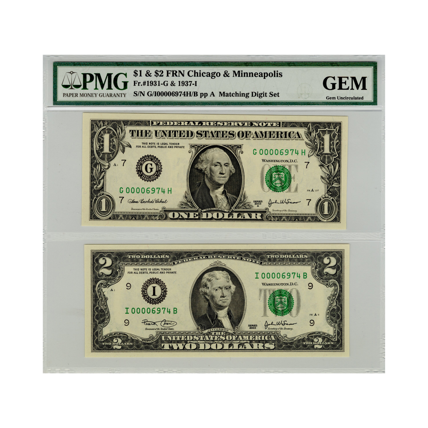 2003 $1 & $2 Federal Reserve Note Chicago & Minneapolis - PMG Gem Uncirculated Matching Digit Set
