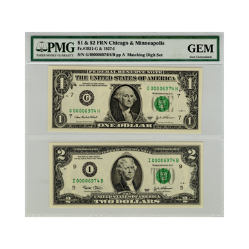 2003 $1 & $2 Federal Reserve Note Chicago & Minneapolis - PMG Gem Uncirculated Matching Digit Set