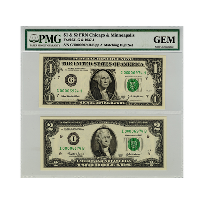 2003 $1 & $2 Federal Reserve Note Chicago & Minneapolis - PMG Gem Uncirculated Matching Digit Set