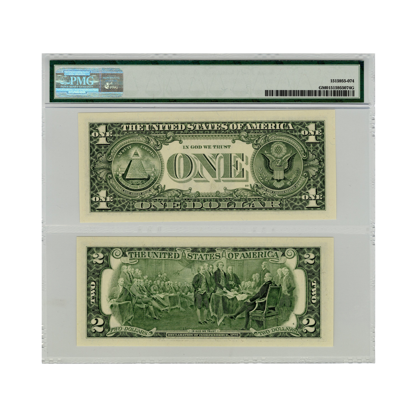 2003 $1 & $2 Federal Reserve Note Chicago & Minneapolis - PMG Gem Uncirculated Matching Digit Set