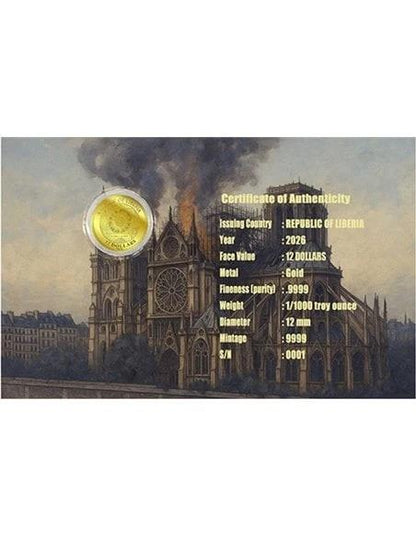 2025 Liberia Notre Dame 1/1000 oz Gold Coin in Card