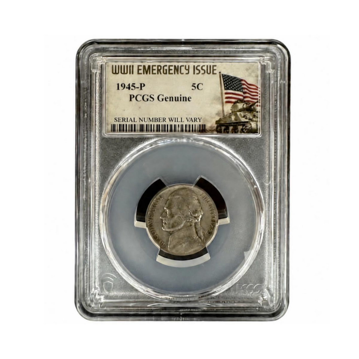 1945-P U.S. Jefferson "War" Nickel Silver Coin PCGS Genuine WWI Emergency Label