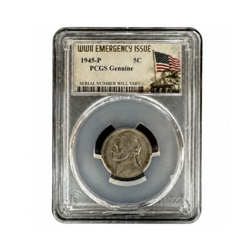 1945-P U.S. Jefferson "War" Nickel Silver Coin PCGS Genuine WWI Emergency Label