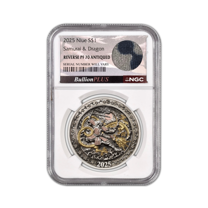 2025 Niue Samurai & Dragon HR 1 oz Silver Coin - NGC PR 70 Relic Label - CoinsTV