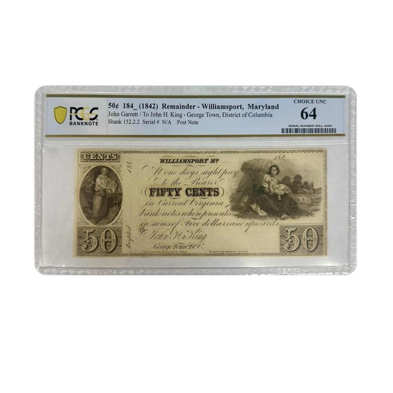 1842 50c Remainder Williamsport Maryland Post Note - PCGS Choice Unc 64 - CoinsTV