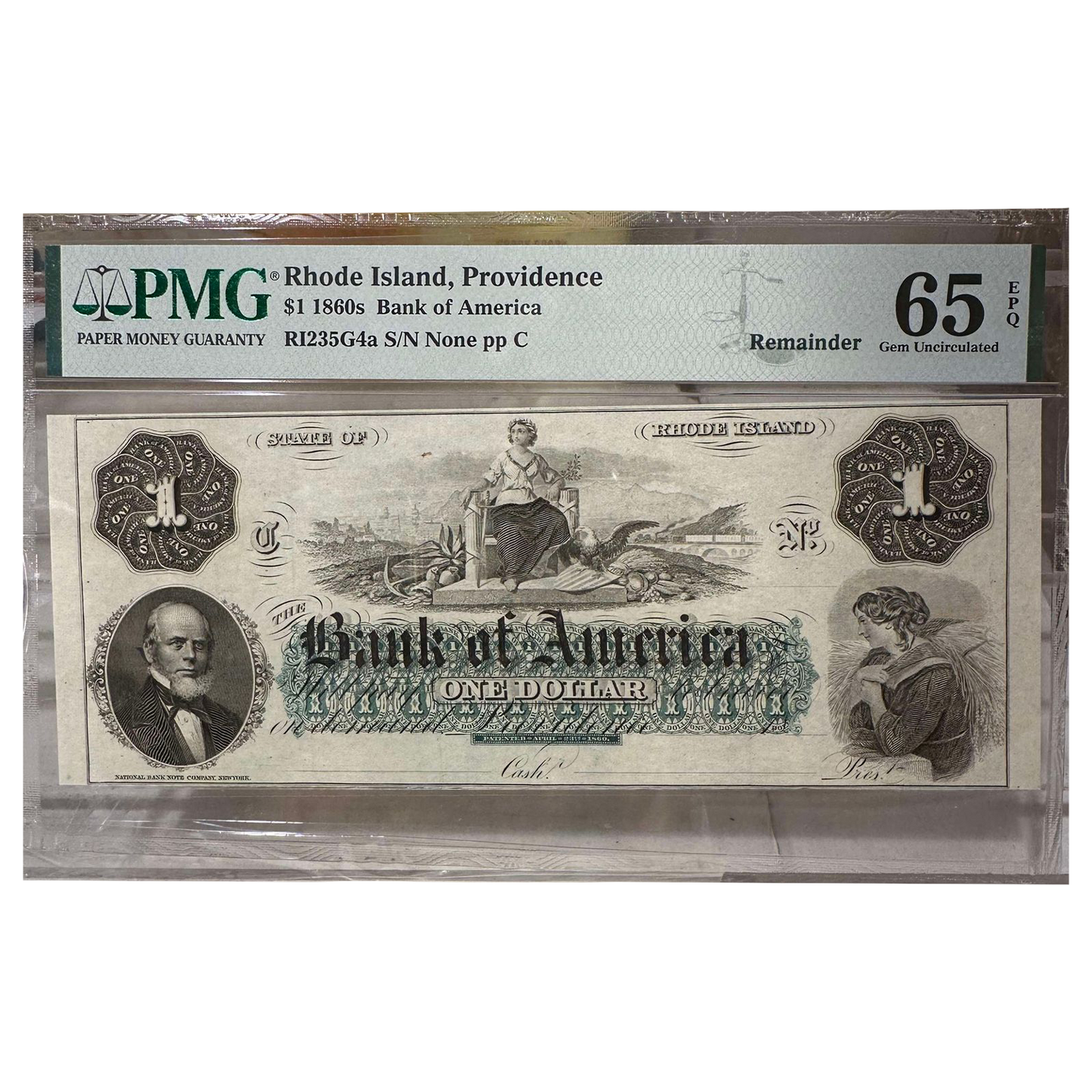 1860 $1 Bank of America Rhode Island Remainder Note - PMG 65 GEM Uncirculated - CoinsTV