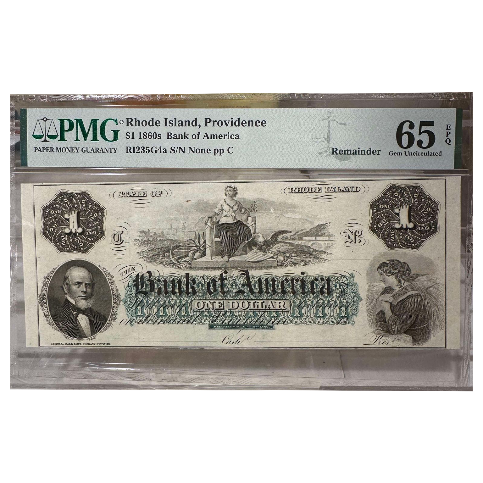 1860 $1 Bank of America Rhode Island Remainder Note - PMG 65 GEM Uncirculated - CoinsTV