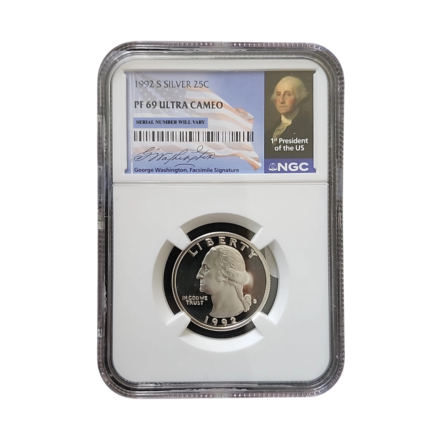 1992-S Washington Silver Quarter - NGC PF69UCAM Washington Signature Flag Label