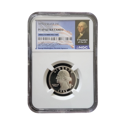 1992-S Washington Silver Quarter - NGC PF69UCAM Washington Signature Flag Label