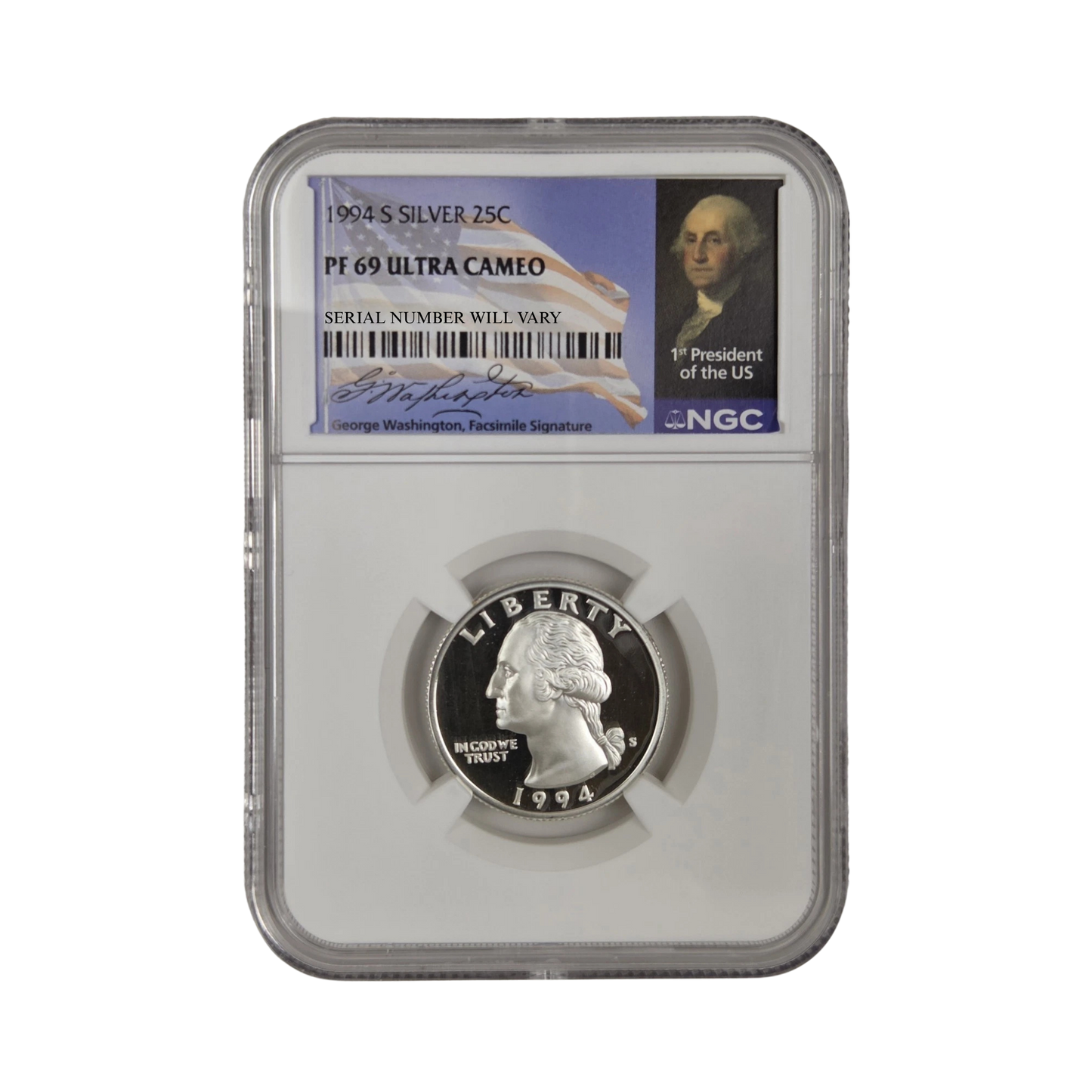 1994-S Washington Silver Quarter - NGC PF69UCAM Washington Signature Flag Label