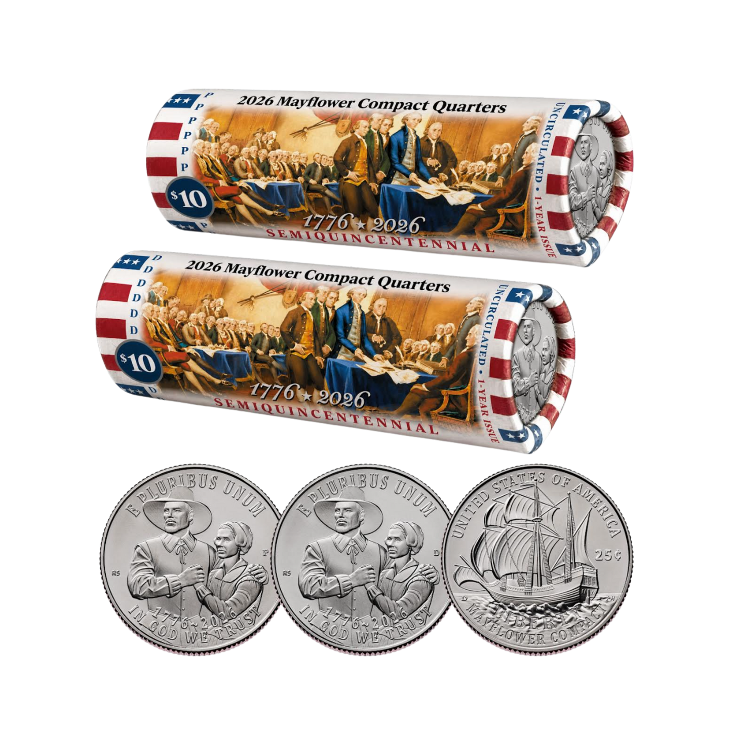 1776-2026 P or D America 250 Roll: Mayflower Quarter in Color Wrapper