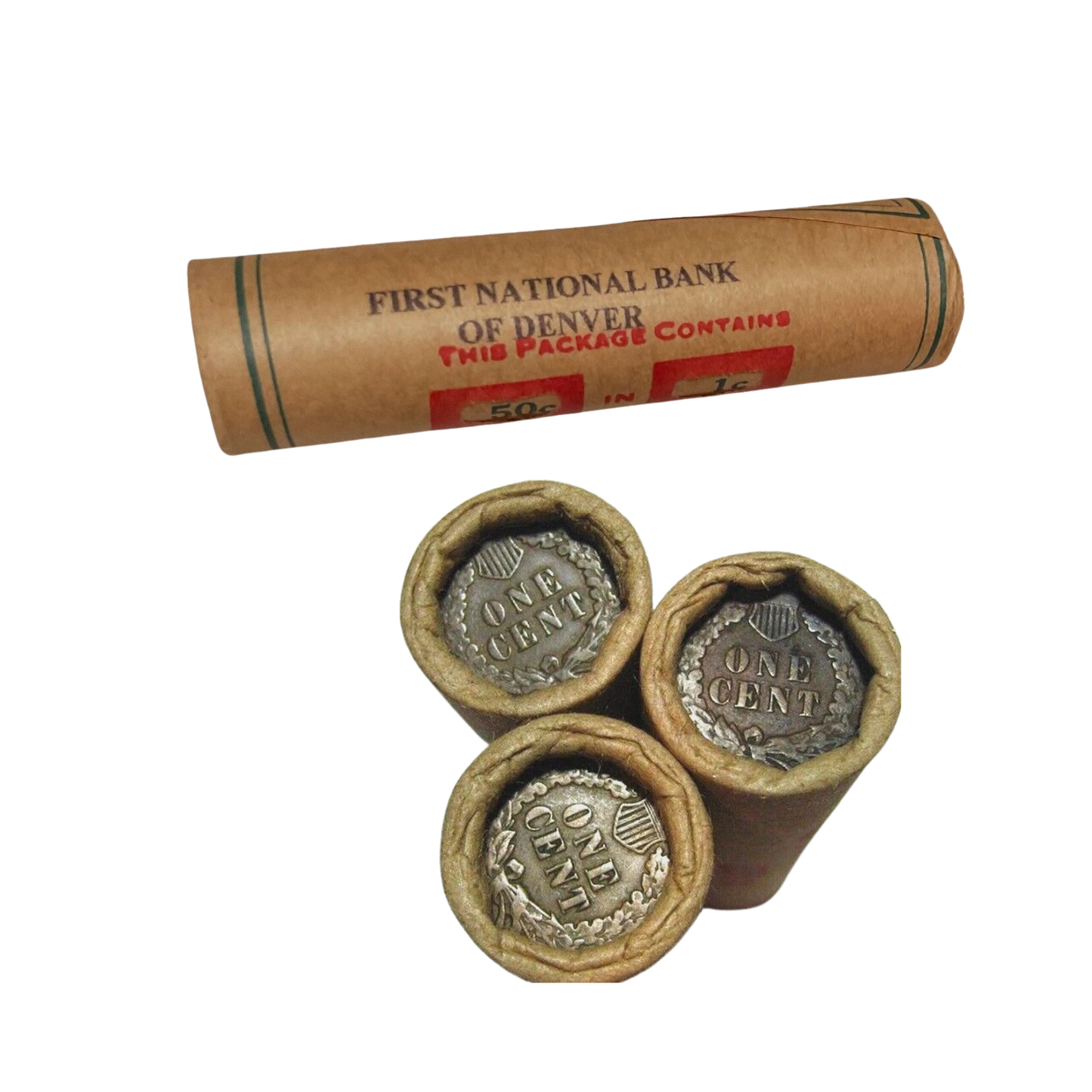 Lincoln Cent with Indian Head Cent Circulated - First National Bank of Denver Bank-Wrapped Roll