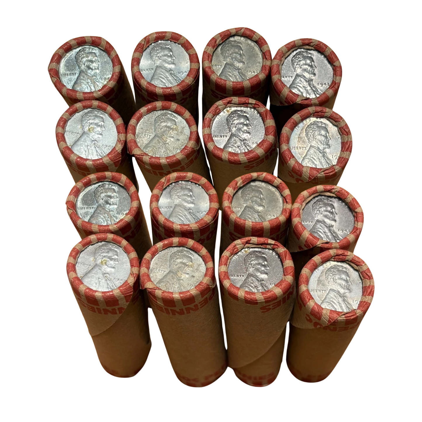 Mixed Penny Roll Unsearched Circulated with 1943 Steel Cents Both Ends - Bank-Wrapped Roll