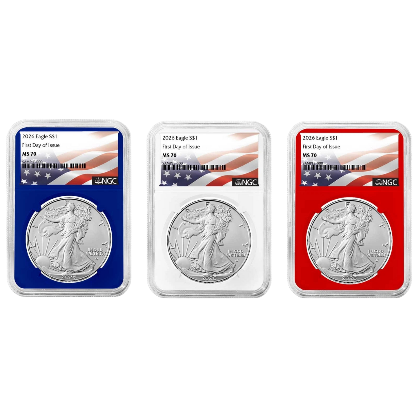 2026 Silver Eagle NGC MS70 FDI Flag Label Red/White/Blue 3pc Set