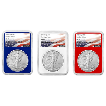 2026 Silver Eagle NGC MS70 FDI Flag Label Red/White/Blue 3pc Set