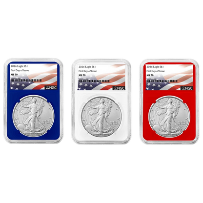 2026 Silver Eagle NGC MS70 FDI Flag Label Red/White/Blue 3pc Set