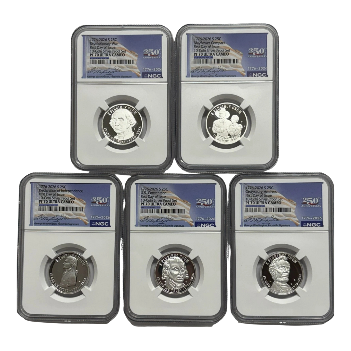 2026-S Dual Date Silver Proof Quarter 5 pc Set - NGC PF70 FDOI 250th Anniversary Label