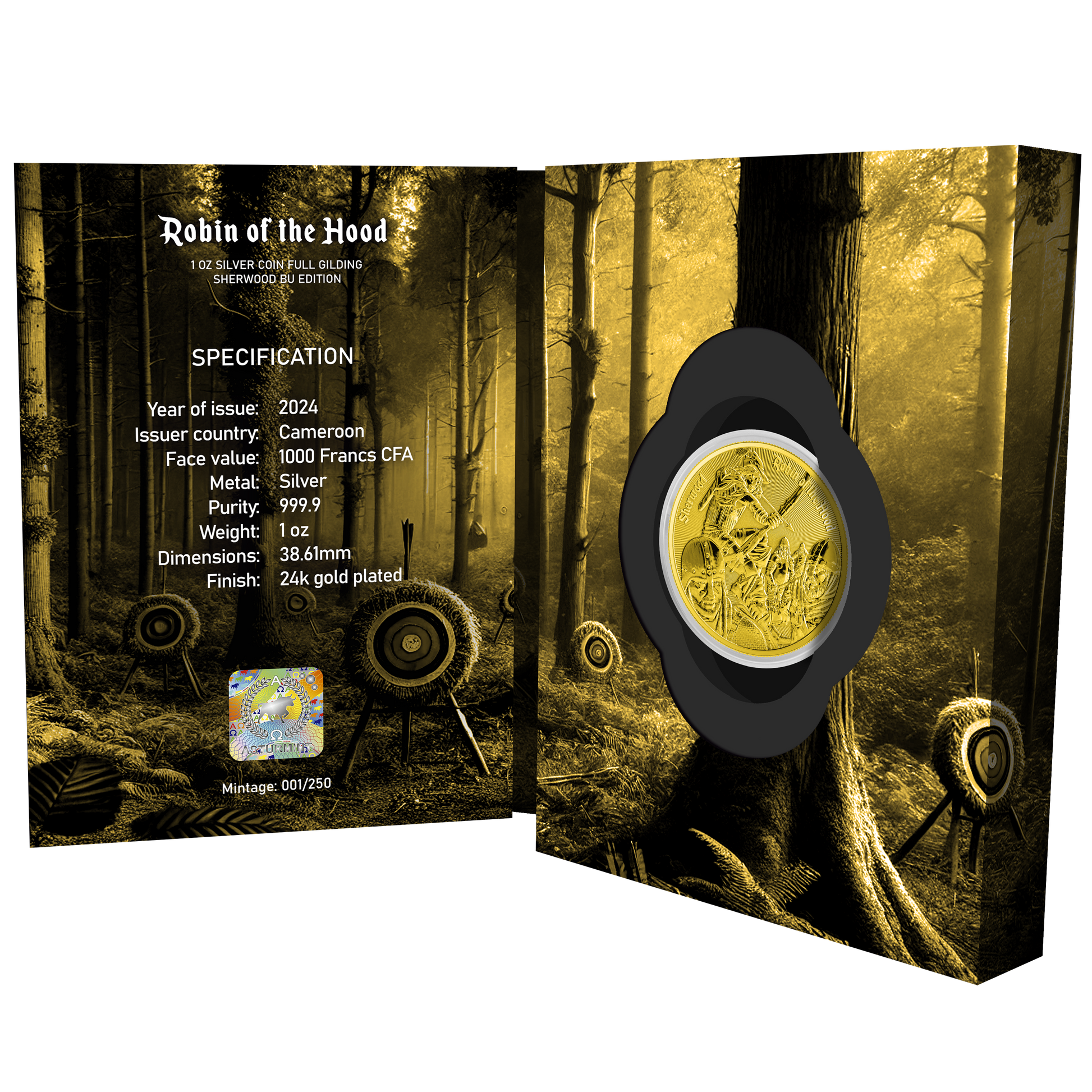 2024 Cameroon Robin of the Hood Sherwood Edition Gold Gilt 1 oz Silver Coin in Blister Pack - CoinsTV