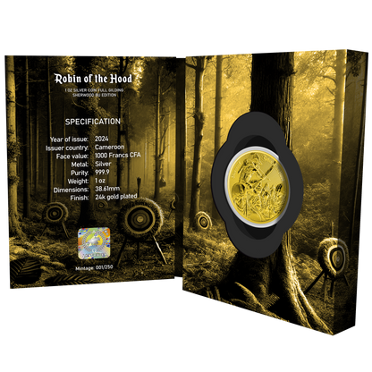 2024 Cameroon Robin of the Hood Sherwood Edition Gold Gilt 1 oz Silver Coin in Blister Pack - CoinsTV