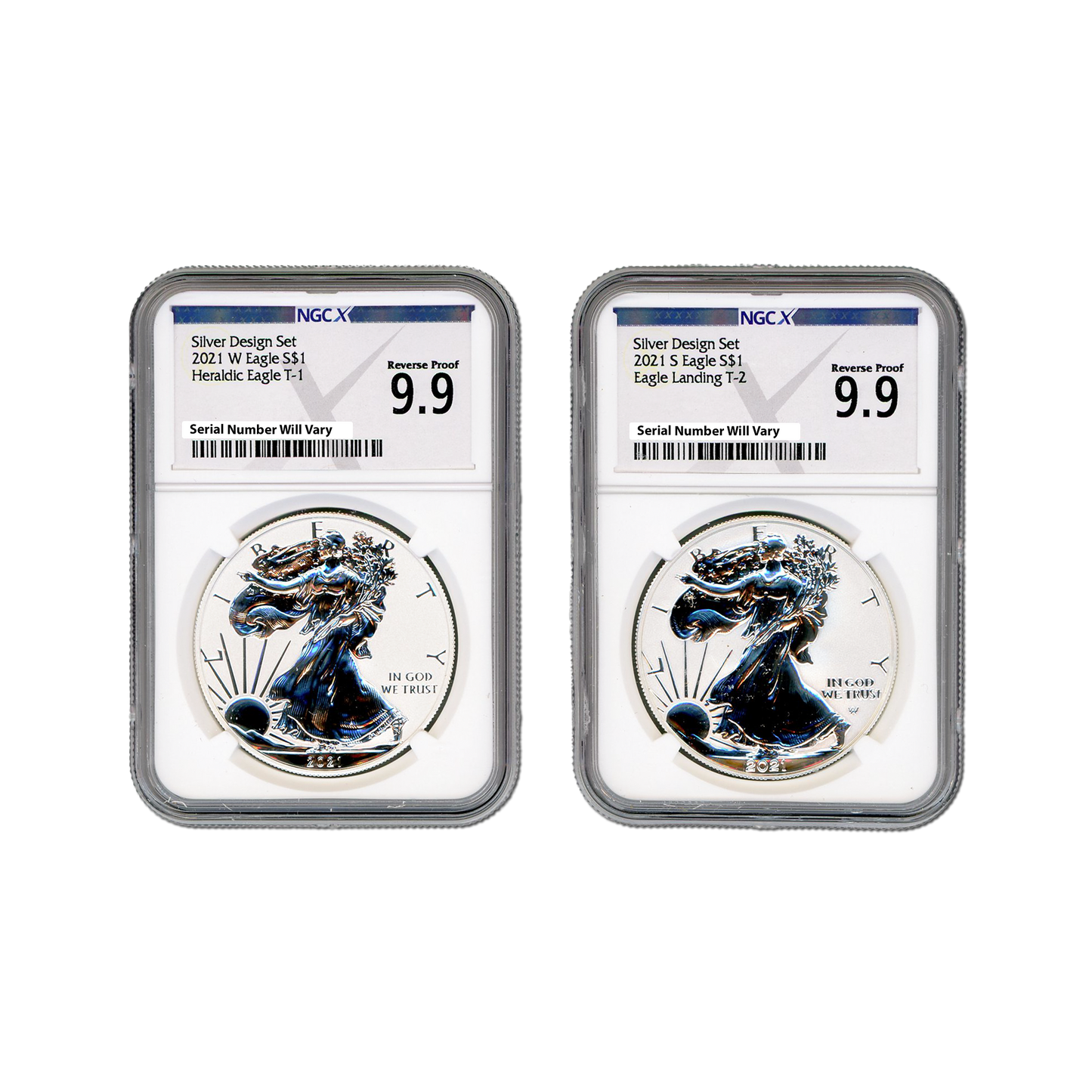 2021 W&S Silver Eagle Designers Set - Heraldic Eagle T1 and Eagle Landing T2 - 2 pcs Set - NGCX Rev. Proof 9.9 - CoinsTV