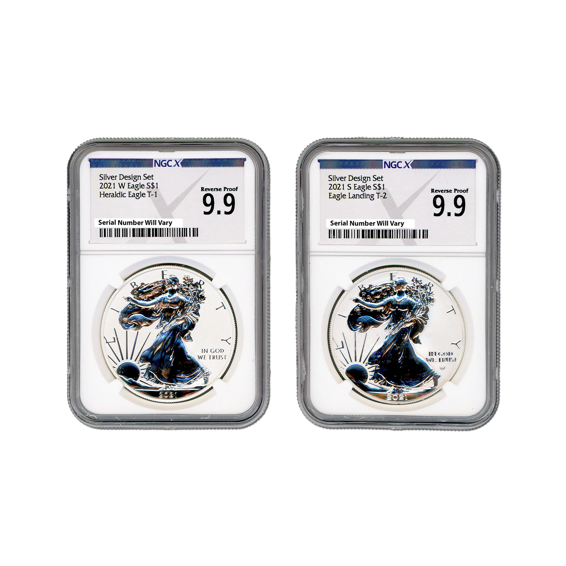 2021 W&S Silver Eagle Designers Set - Heraldic Eagle T1 and Eagle Landing T2 - 2 pcs Set - NGCX Rev. Proof 9.9 - CoinsTV