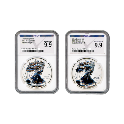 2021 W&S Silver Eagle Designers Set - Heraldic Eagle T1 and Eagle Landing T2 - 2 pcs Set - NGCX Rev. Proof 9.9 - CoinsTV