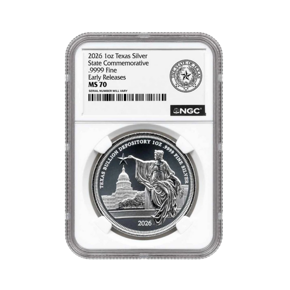 2026 State Commemorative Texas 1 oz Silver - NGC MS70 Early Releases - CoinsTV