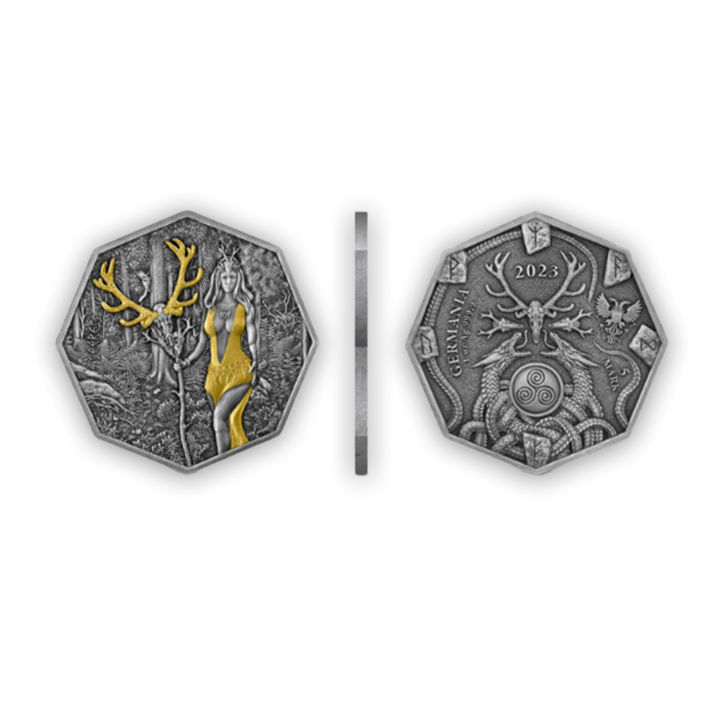 2023 Witchcraft Seeress Ritual - 1 oz Silver 5 Mark BU Antique Gilded