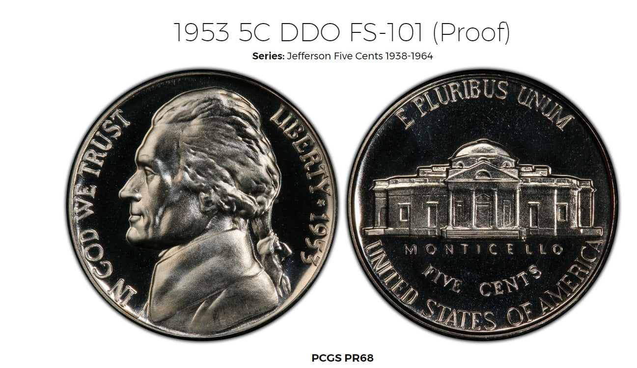 1953 Jefferson Nickel PCGS PF68 DDO FS-101 - CoinsTV