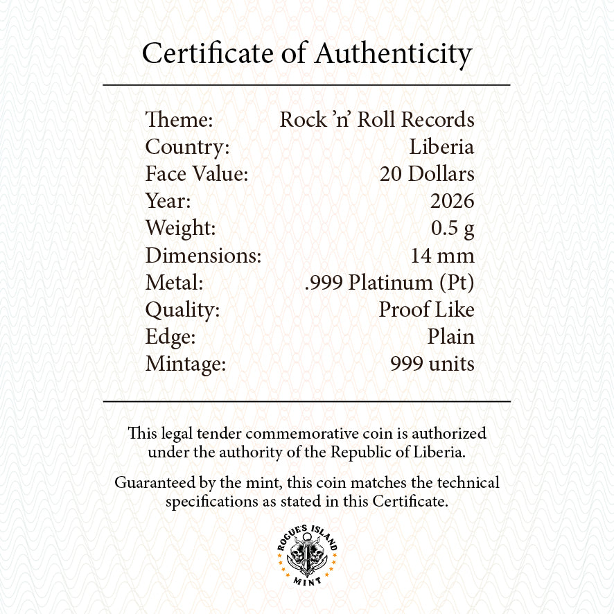2026 Liberia Rock N Roll Records 0.5g Platinum Coin