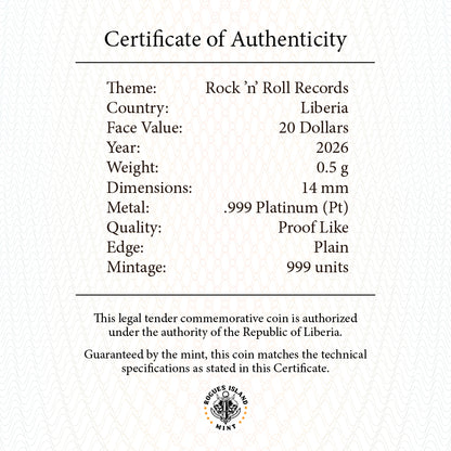 2026 Liberia Rock N Roll Records 0.5g Platinum Coin