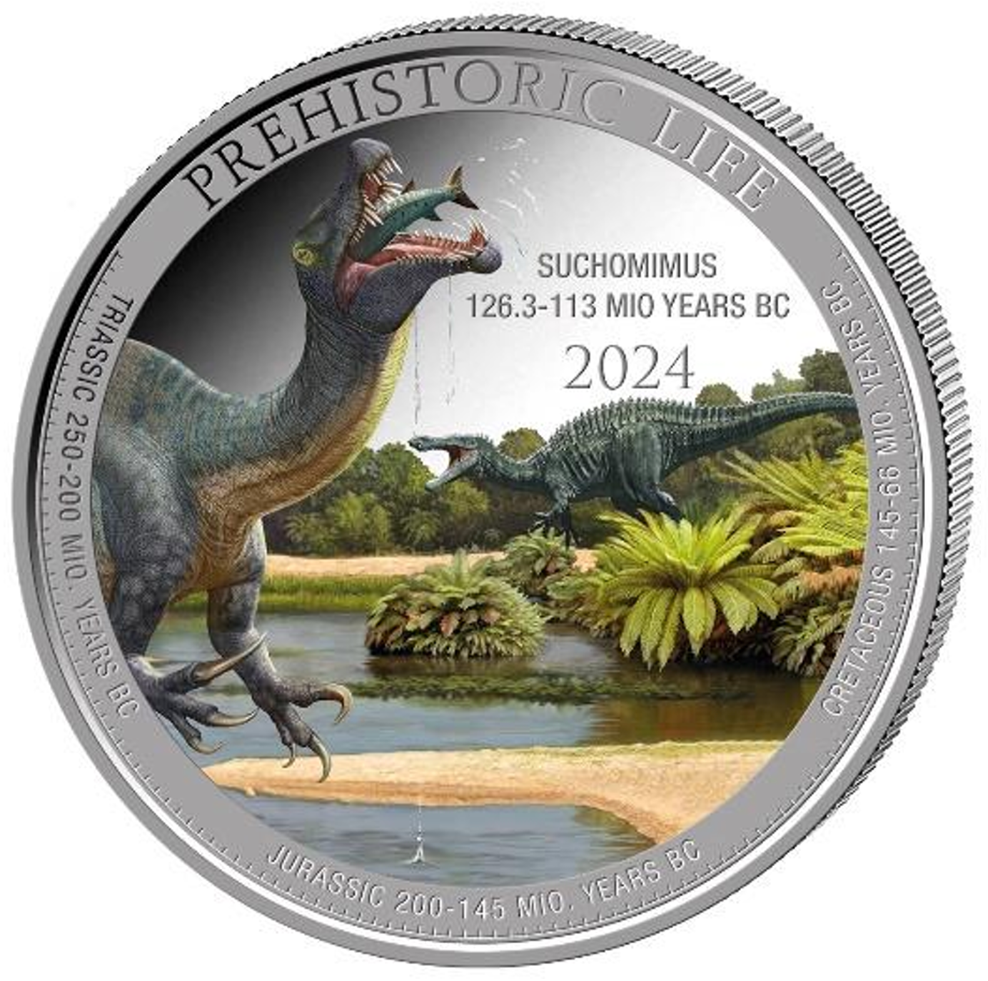 2024 Congo Prehistoric Life Suchomimus Colorized 1 oz Silver Coin - CoinsTV
