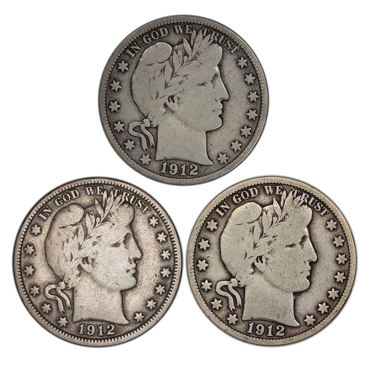 1912 Barber Half Dollar 3pc Set - P,D,S - Titanic Era - CoinsTV