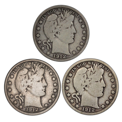 1912 Barber Half Dollar 3pc Set - P,D,S - Titanic Era - CoinsTV