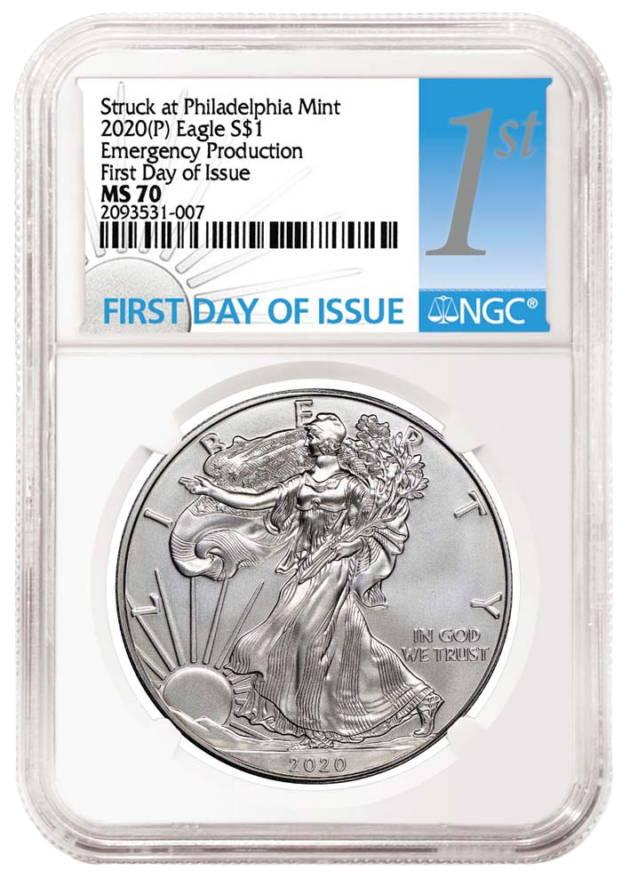 2020 P Silver Dollar Eagle - Emergency Production/First day of Issue - NGC MS70