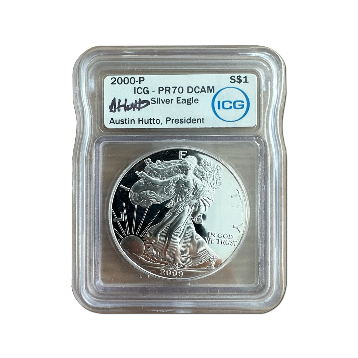 2000-P Silver Eagle - Austin Hutto Signature Label - ICG PR70 DCAM - CoinsTV