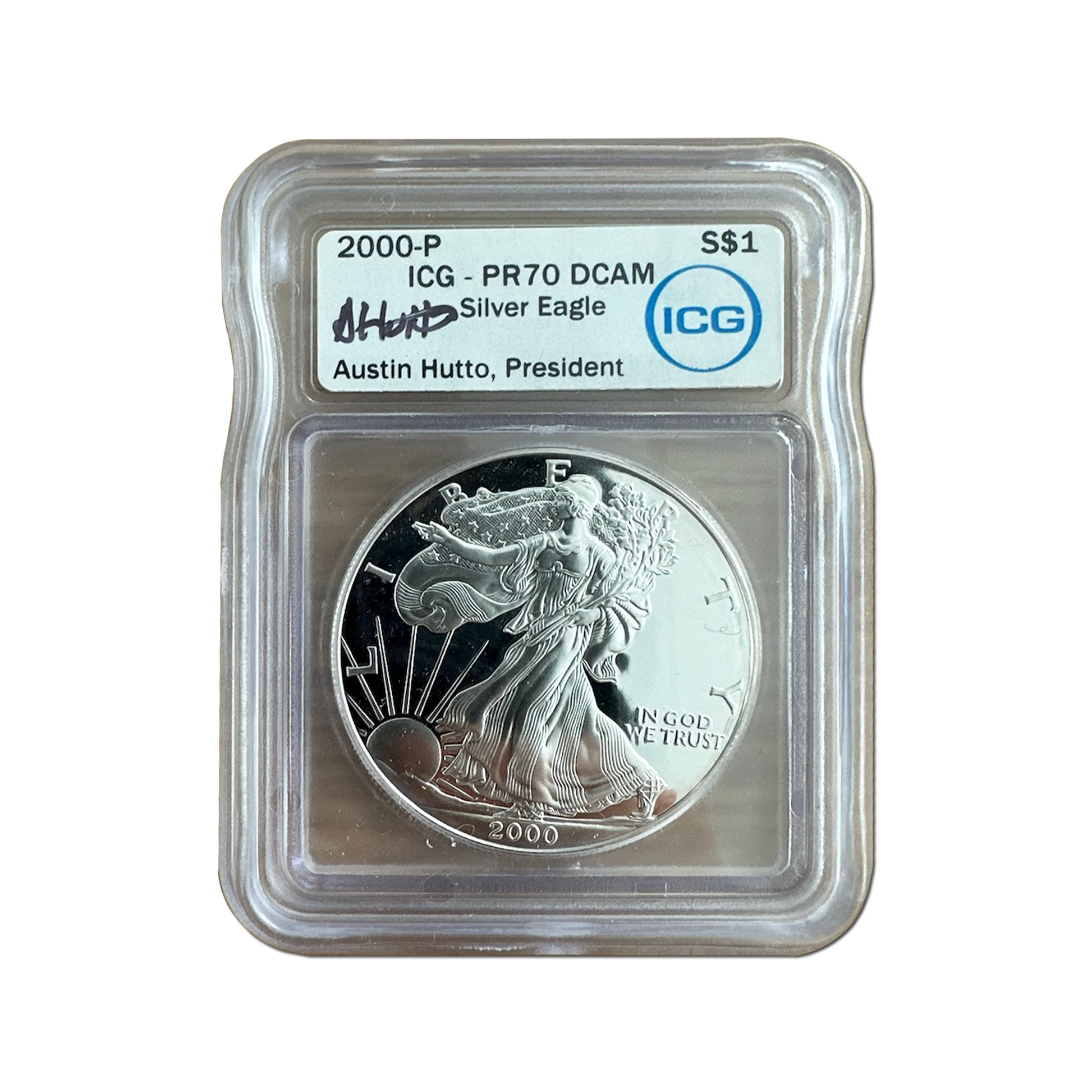 2000-P Silver Eagle - Austin Hutto Signature Label - ICG PR70 DCAM - CoinsTV