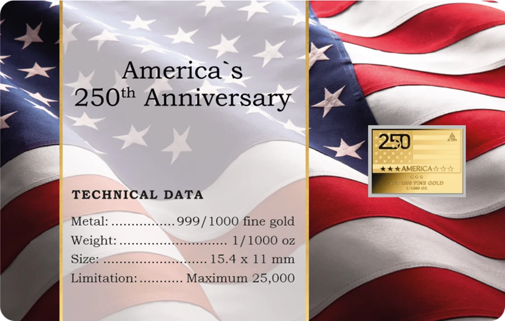 America 250th Anniversary 1/1000 oz Gold Medal in Card