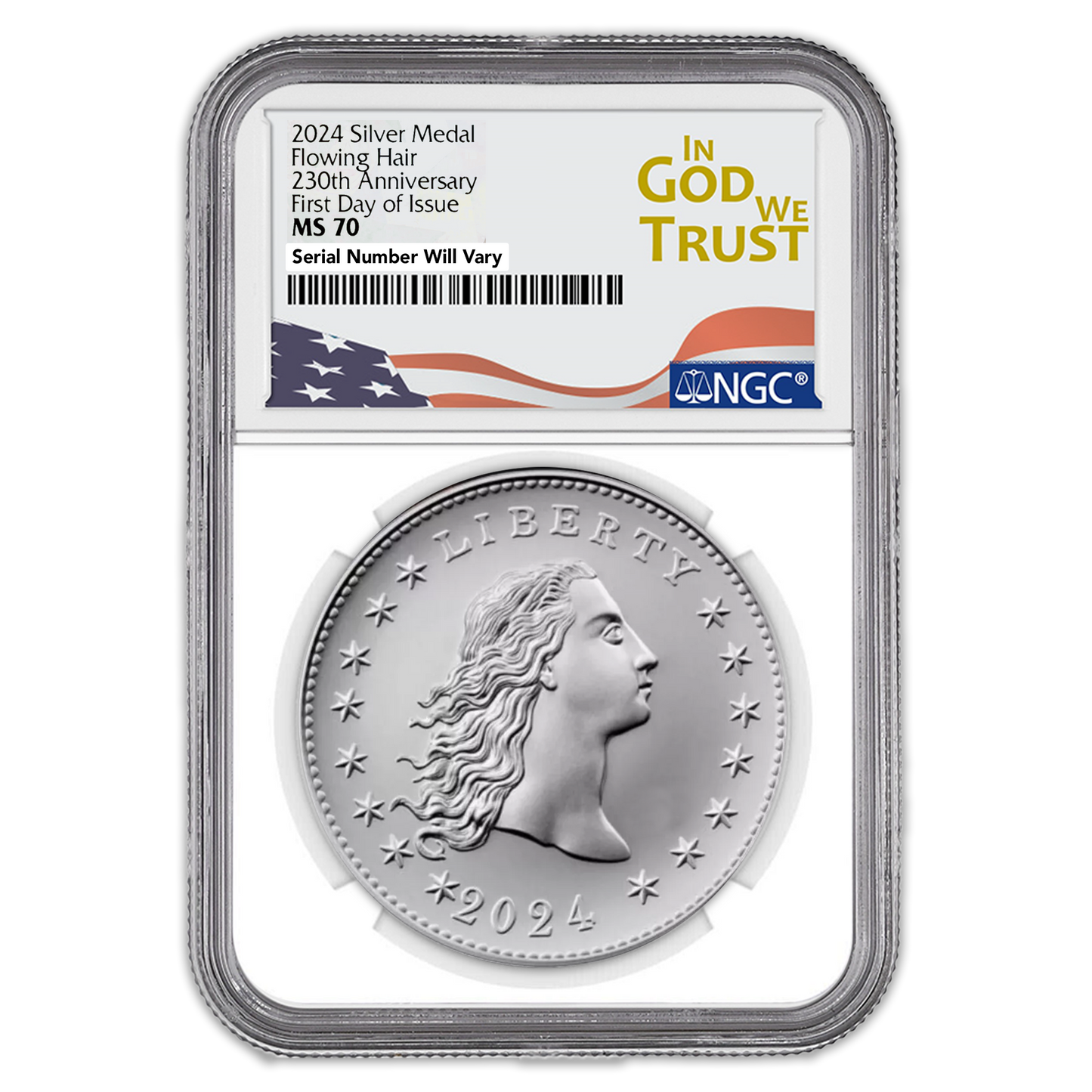 2024 230th Anniversary Flowing Hair Silver Medal - First Day of Issue & IGWT Label - NGC MS70 - CoinsTV
