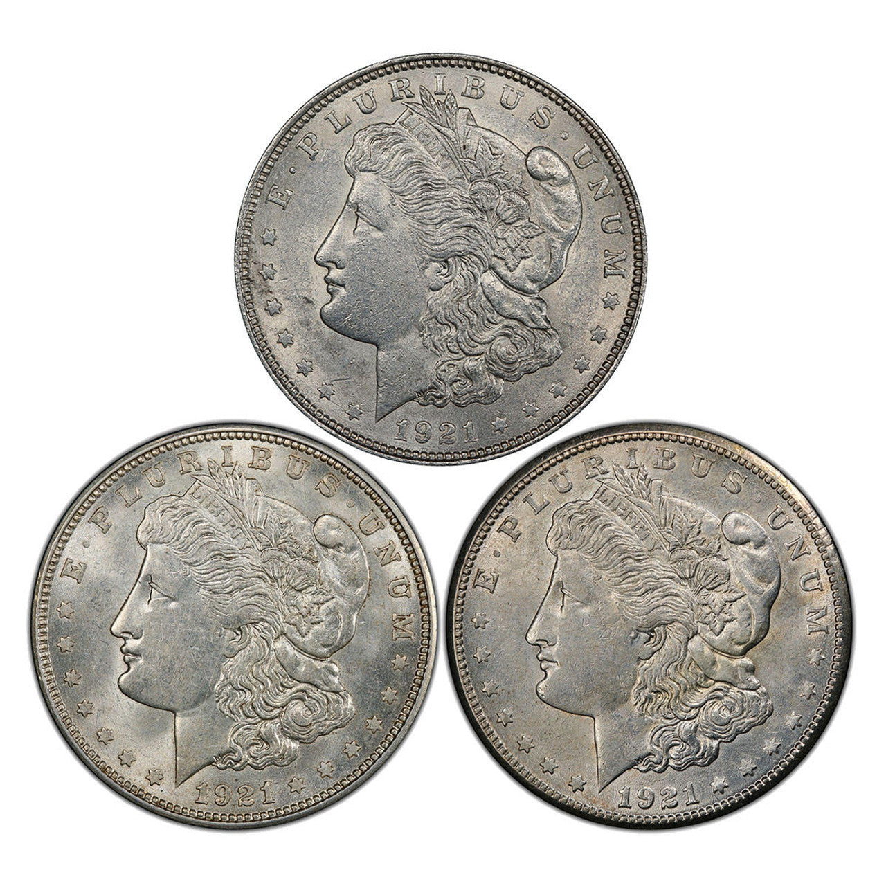 1921 Morgan Silver Dollar P,D,S 3pc Collection - AU+ - CoinsTV