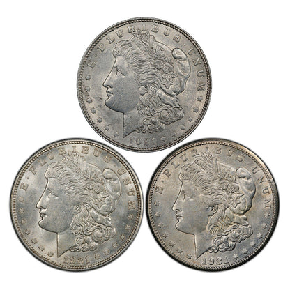 1921 Morgan Silver Dollar P,D,S 3pc Collection - AU+ - CoinsTV