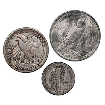 1923 Peace Dollar Walking Liberty & Mercury Dime - 3 pc Set