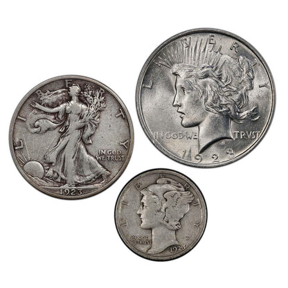 1923 Peace Dollar Walking Liberty & Mercury Dime - 3 pc Set